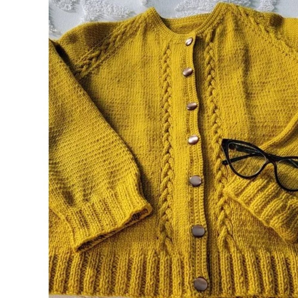 Mustard Yellow Hand-Knit Cardigan Sweater